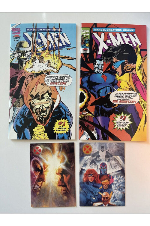 1993 X-MEN PIZZA HUT Marvel Mini Comics + 2 CARD SET GOLD & SILVER MAGNETO